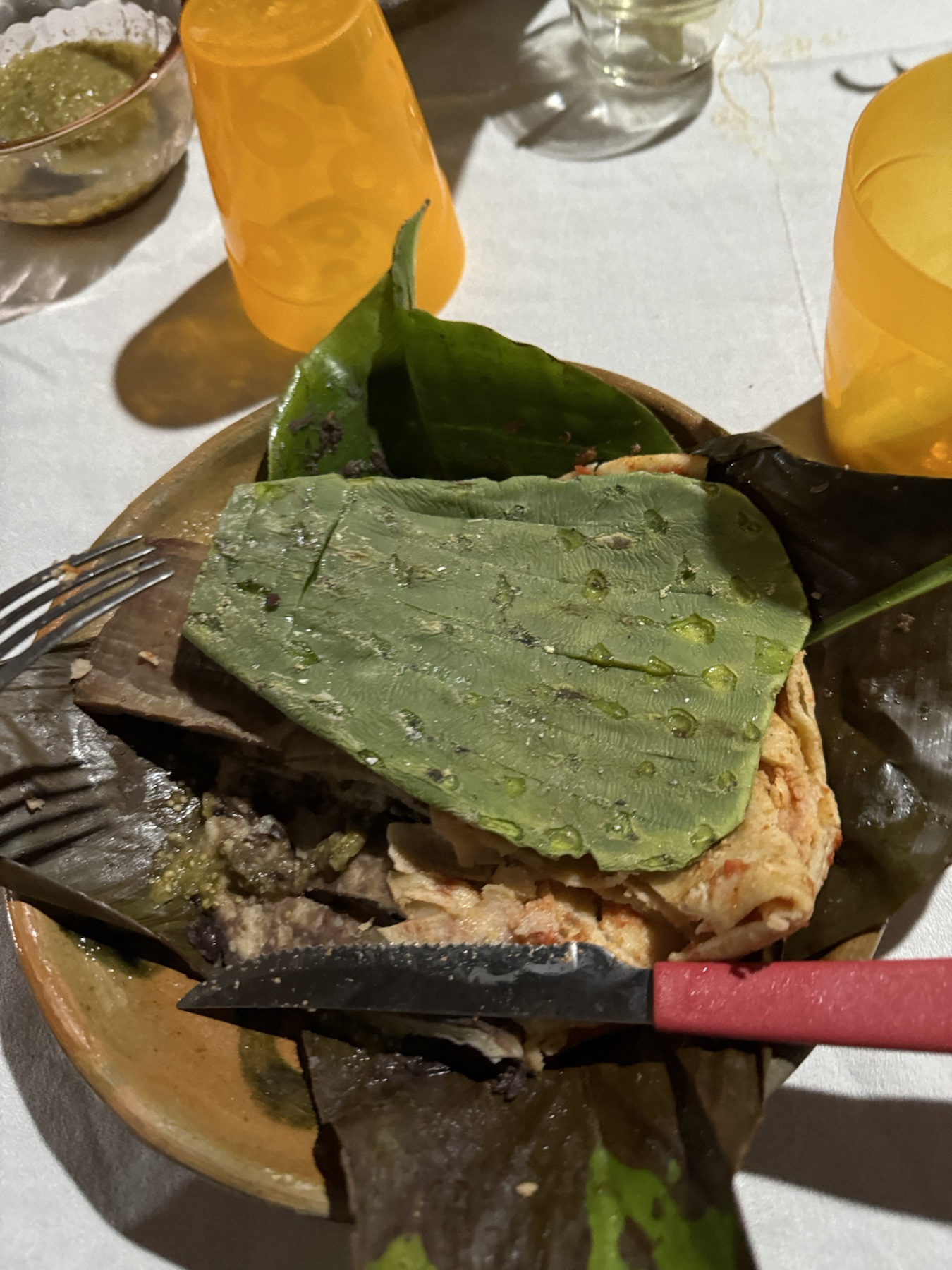 Local meal served on leaves in Cuetzalan